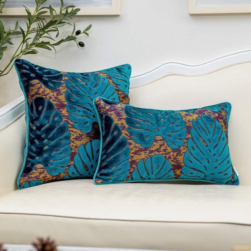 Alerfa 12 x 20 Inch Rectangle Leaf Pillow Embroidery Cut Velvet Cushion Case Luxury Modern Lumbar Throw Pillow Cover Decorative Pillow for Couch Sofa Living Room Bedroom Car, Blue - Image 4